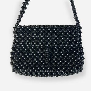 Vintage Beaded Black Purse Shoulder Bag‎ Purse Flap Japan 60s Lacquerware